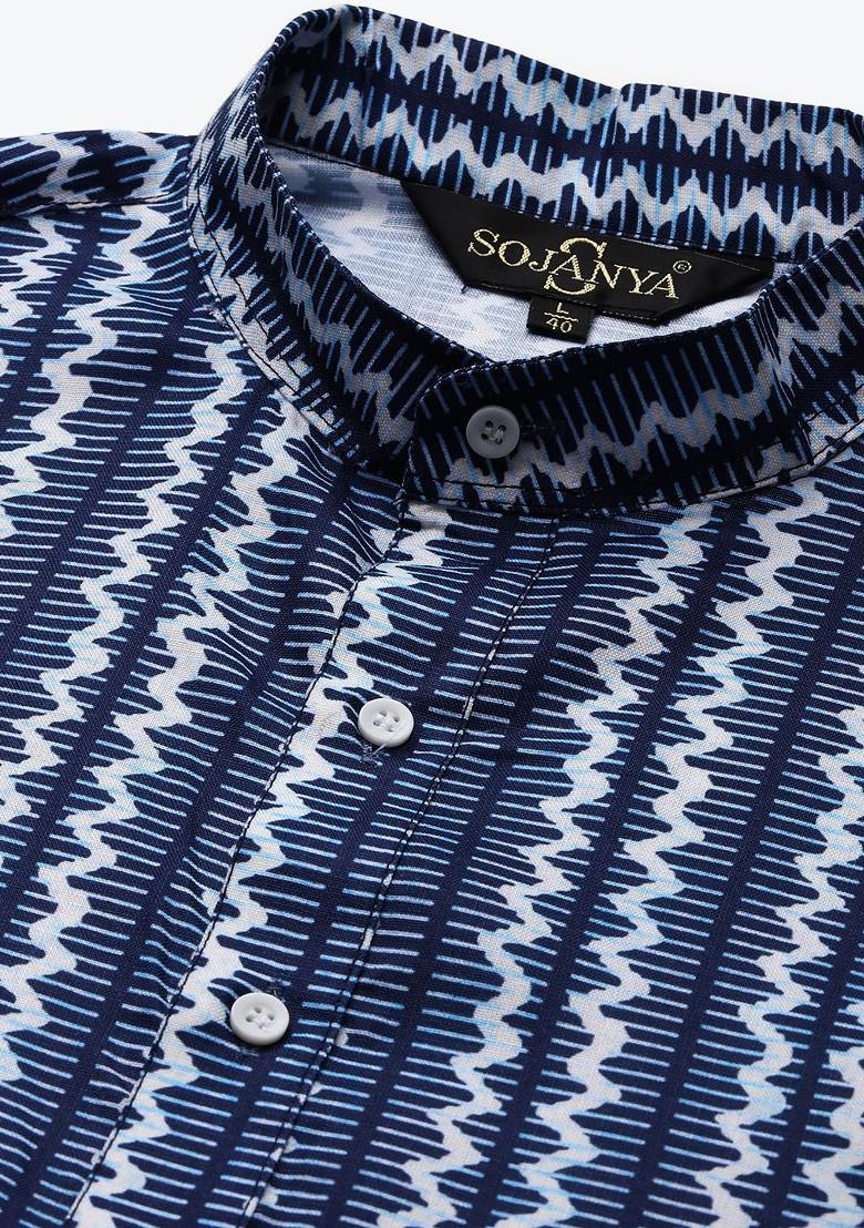 Navy Blue Printed Cotton Kurta For Men