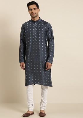 Charcoal Grey Ethnic Motifs Poly Blend Kurta For Men