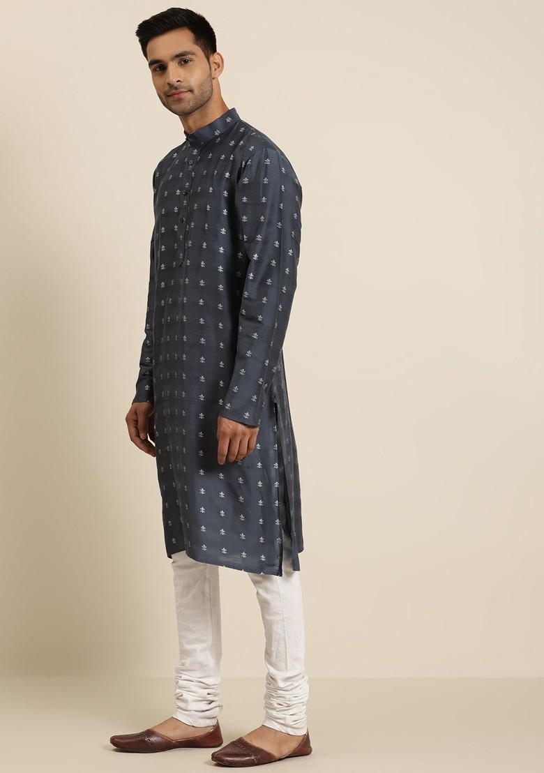 Charcoal Grey Ethnic Motifs Poly Blend Kurta For Men