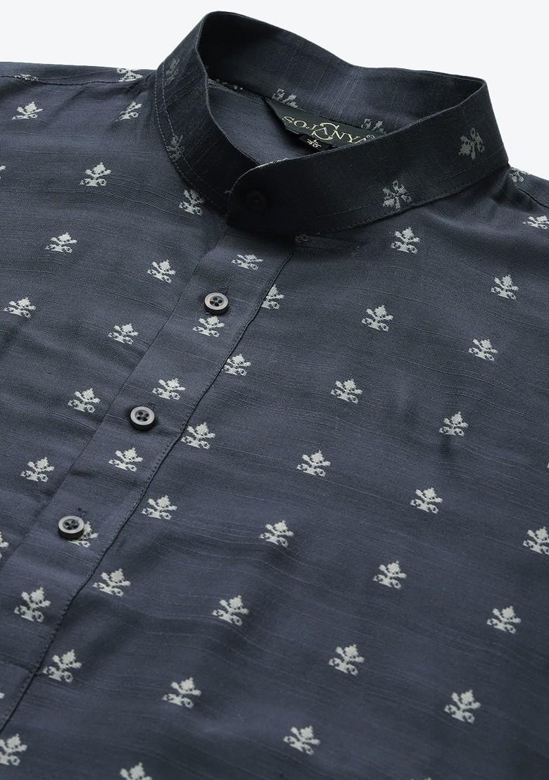 Charcoal Grey Ethnic Motifs Poly Blend Kurta For Men