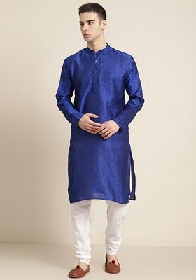 Blue Ethnic Motifs Silk Kurta For Men