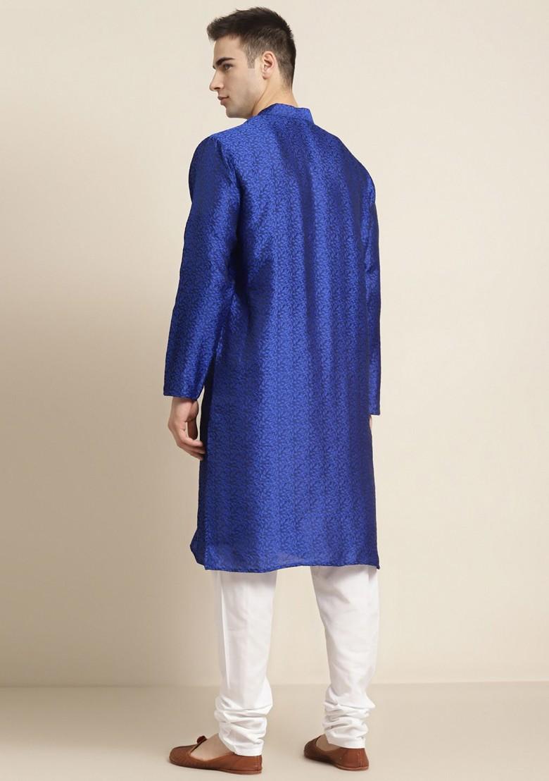 Blue Ethnic Motifs Silk Kurta For Men