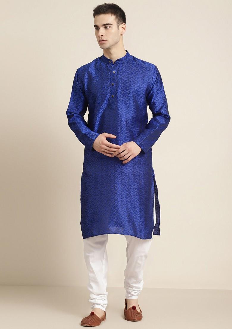 Blue Ethnic Motifs Silk Kurta For Men