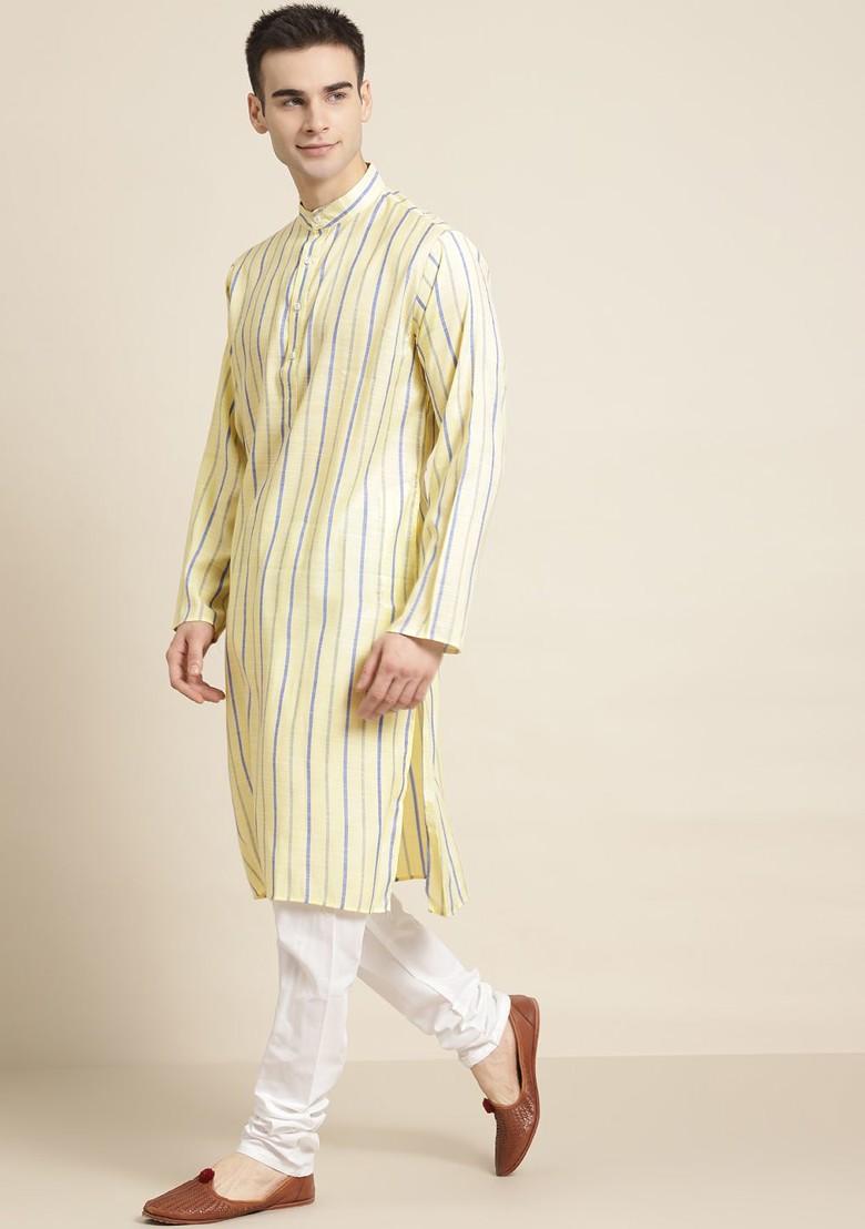 Yellow Striped Cotton Kurta For Men