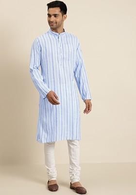 Blue Striped Cotton Kurta For Men
