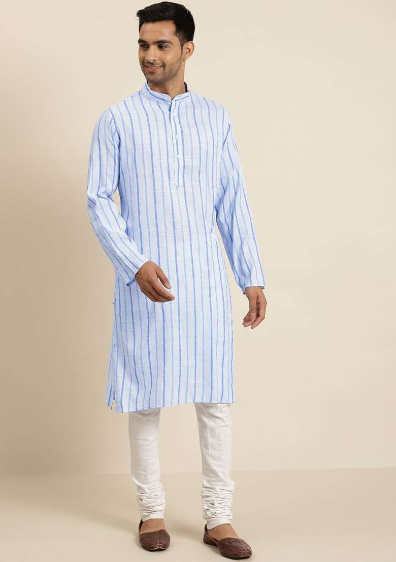 Blue Striped Cotton Kurta For Men - Indya