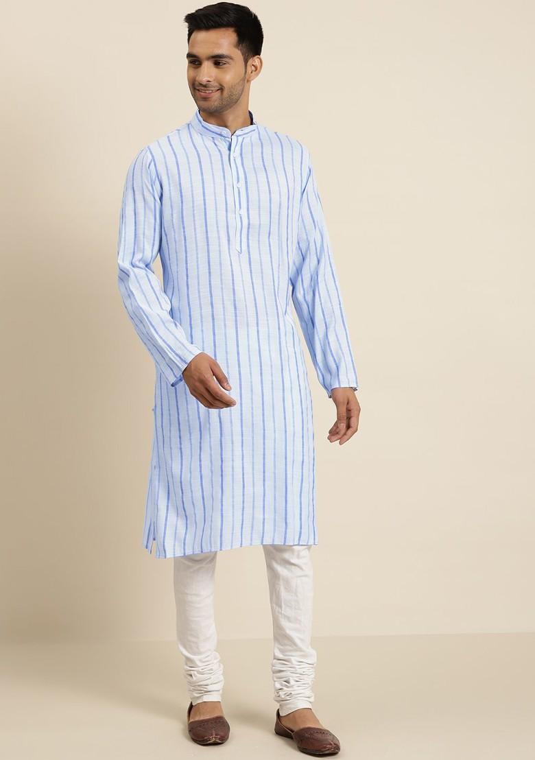Blue Striped Cotton Kurta For Men