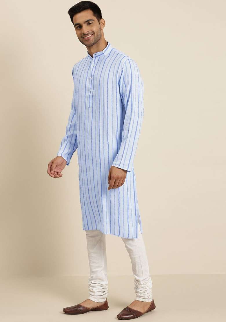 Blue Striped Cotton Kurta For Men - Indya