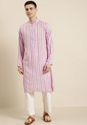 Pink Striped Cotton Kurta For Men