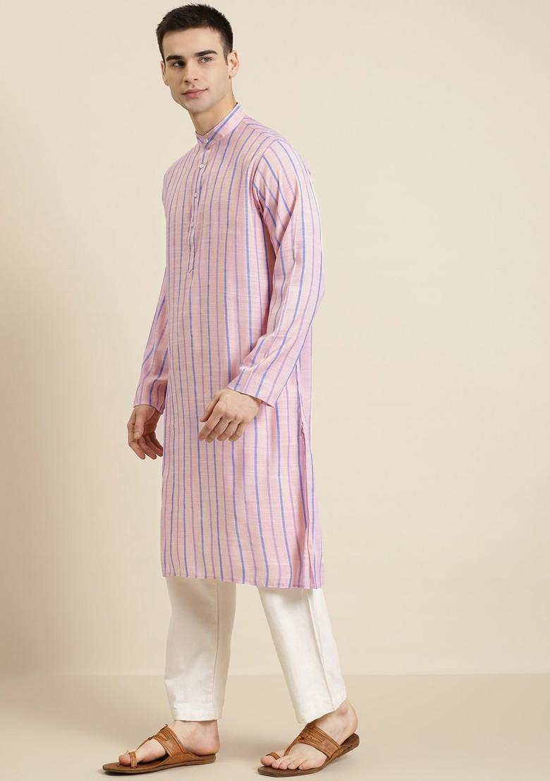 Pink Striped Cotton Kurta For Men