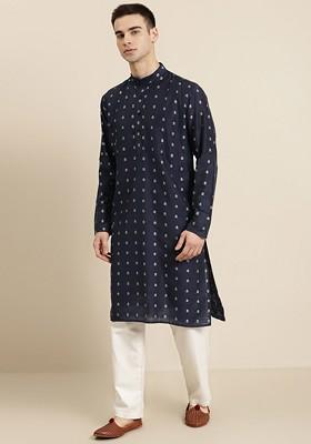 Navy Blue Ethnic Motifs Jacquard Kurta For Men