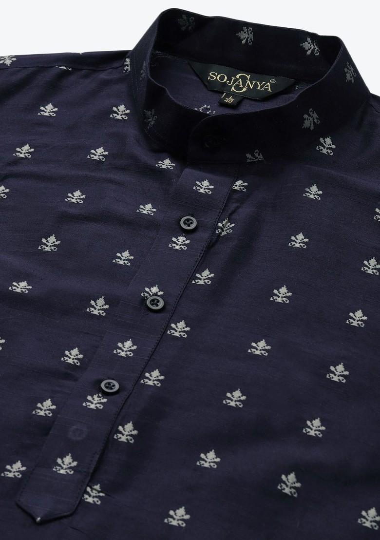 Navy Blue Ethnic Motifs Jacquard Kurta For Men