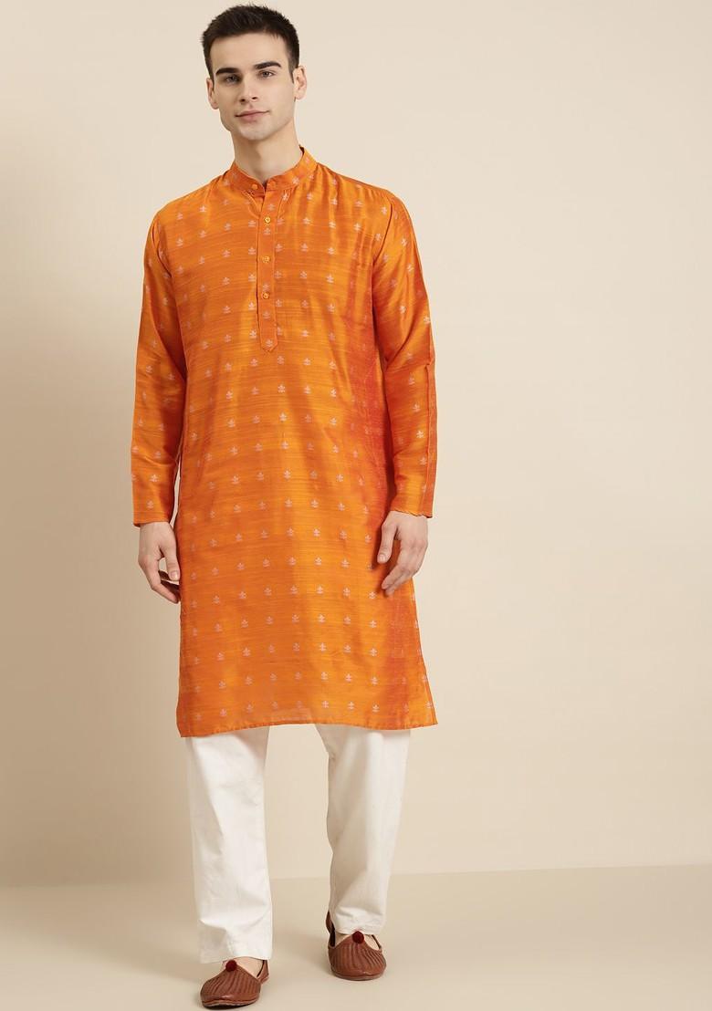 Orange Ethnic Motifs Jacquard Kurta For Men