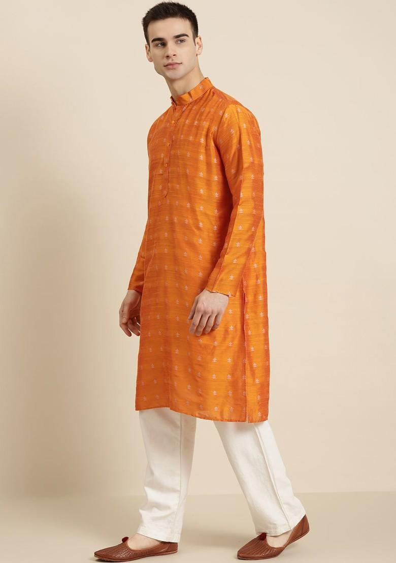 Orange Ethnic Motifs Jacquard Kurta For Men