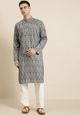 Grey Ethnic Motifs Cotton Kurta For Men