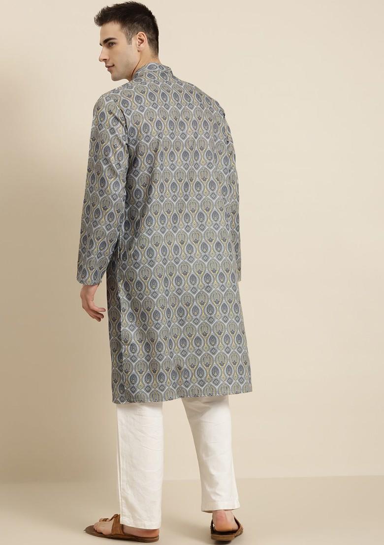 Grey Ethnic Motifs Cotton Kurta For Men