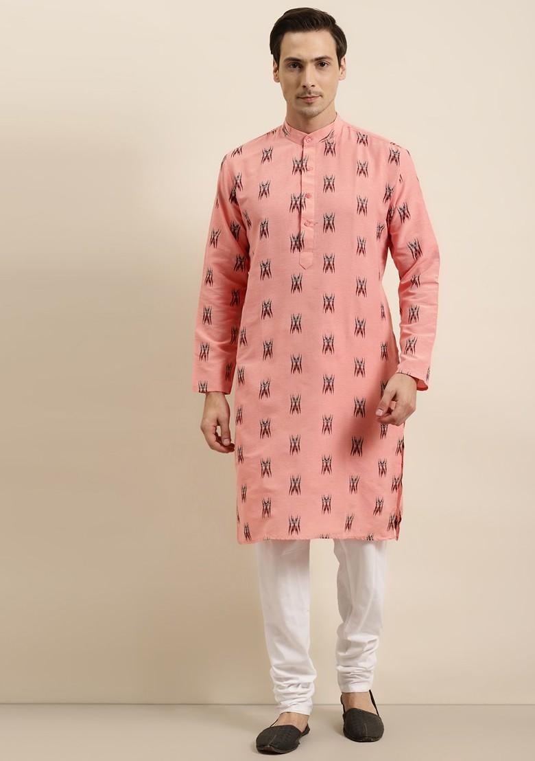 Pink Woven Cotton Kurta For Men