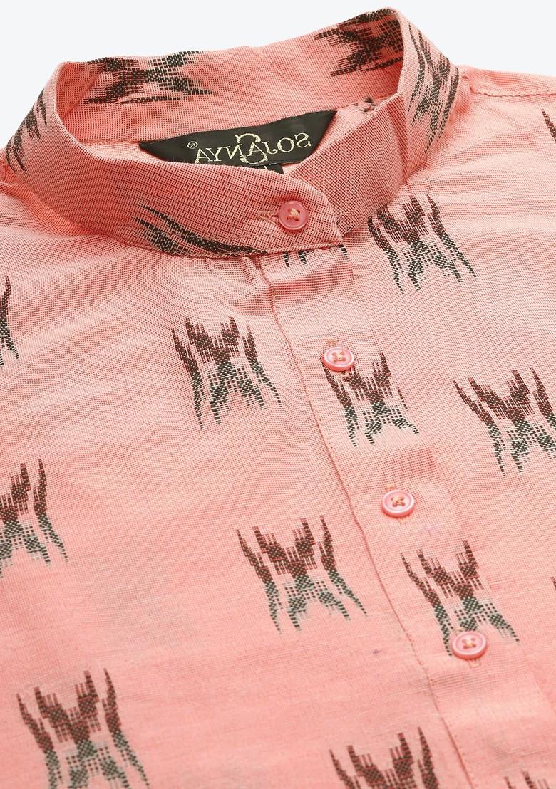 Pink Woven Cotton Kurta For Men