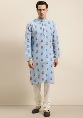 Blue Woven Cotton Kurta For Men