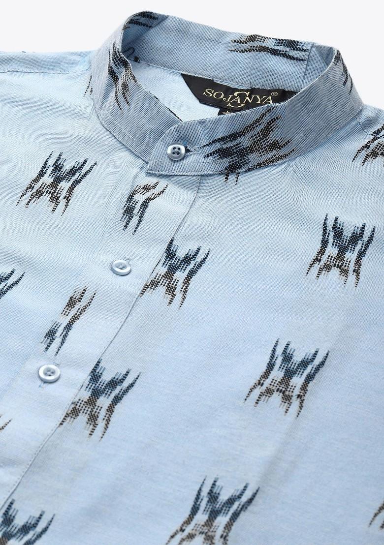 Blue Woven Cotton Kurta For Men