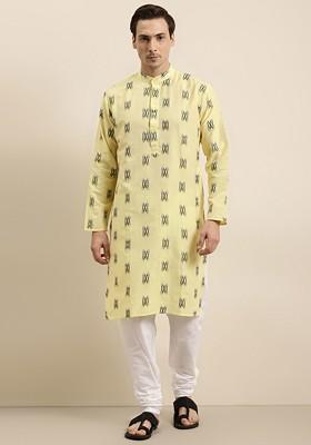 Yellow Woven Cotton Kurta For Men