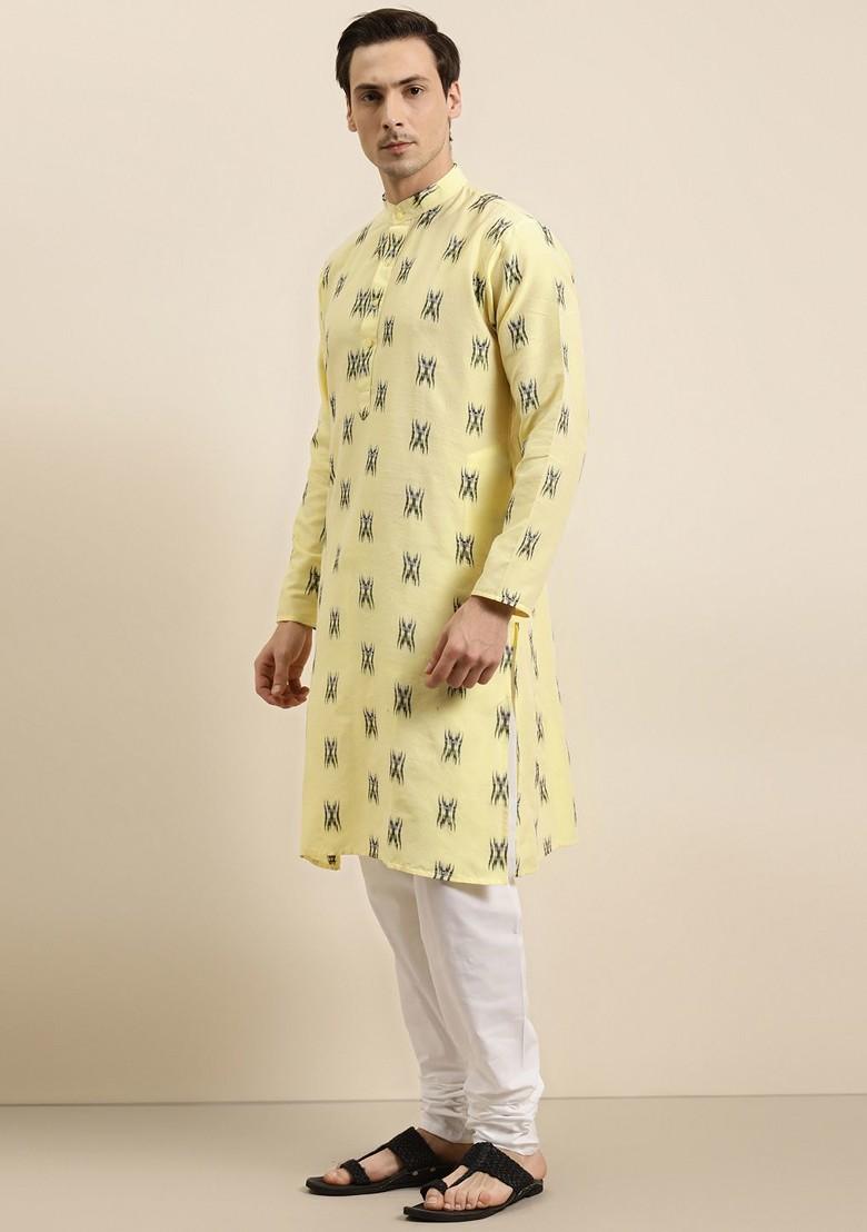 Yellow Woven Cotton Kurta For Men
