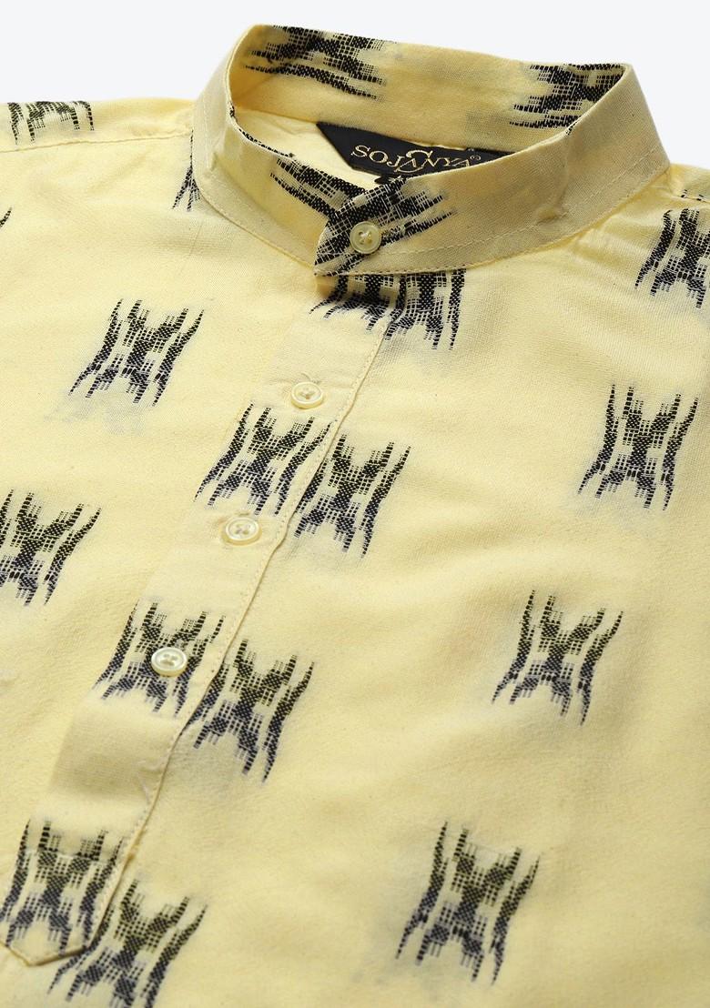 Yellow Woven Cotton Kurta For Men