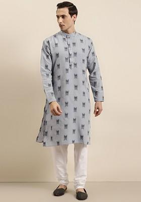 Grey Woven Cotton Kurta For Men