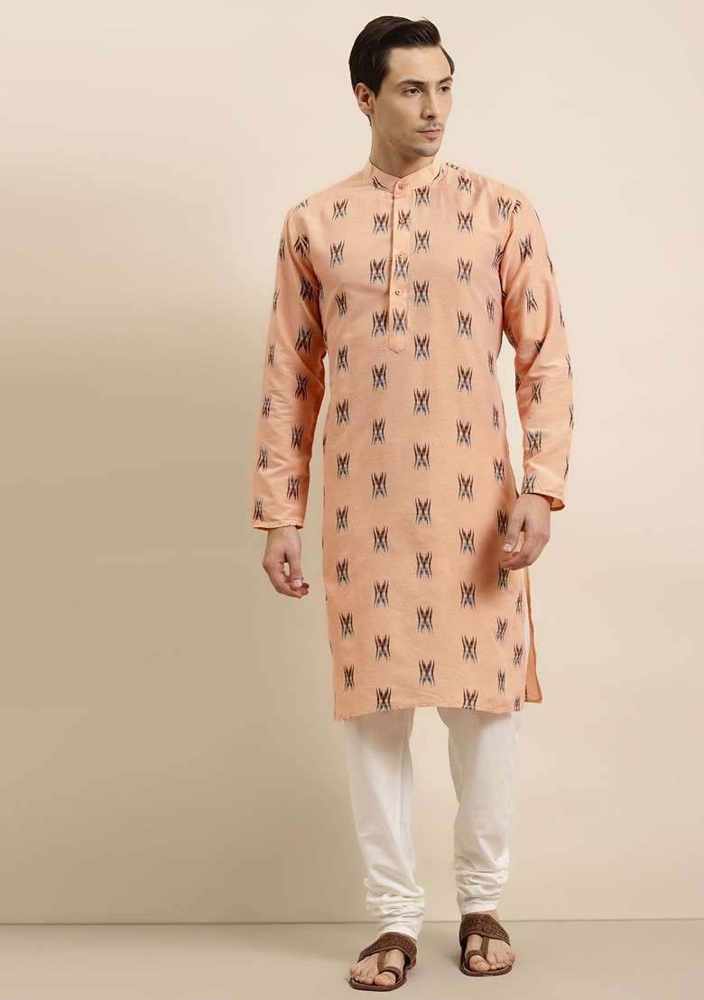 Peach Ikkat Cotton Kurta For Men - Indya