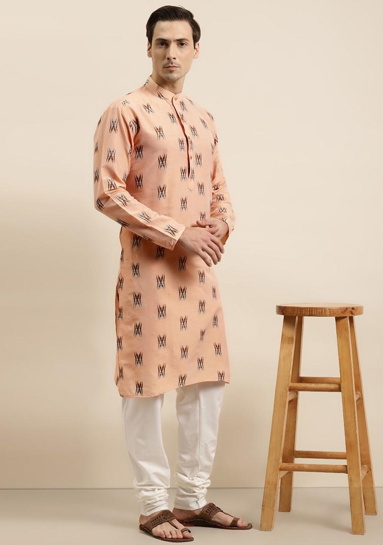 Peach Ikkat Cotton Kurta For Men