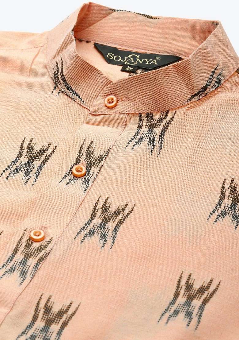 Peach Ikkat Cotton Kurta For Men - Indya