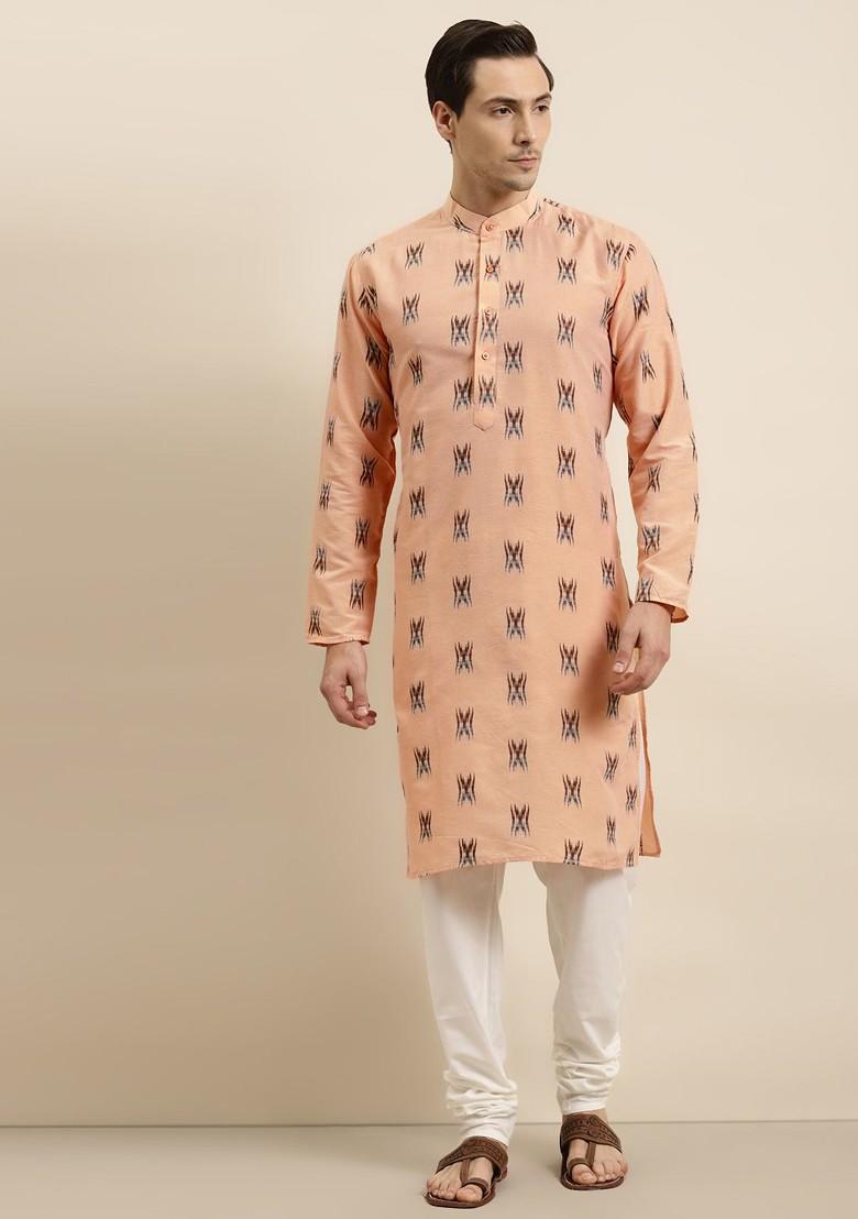 Peach Ikkat Cotton Kurta For Men