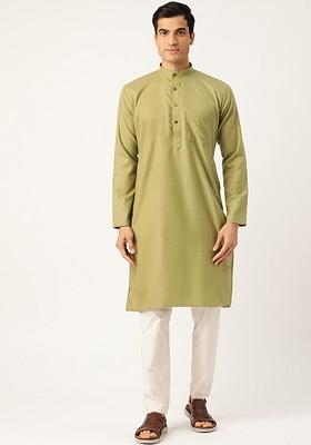 Olive Solid Poly Blend Kurta For Men