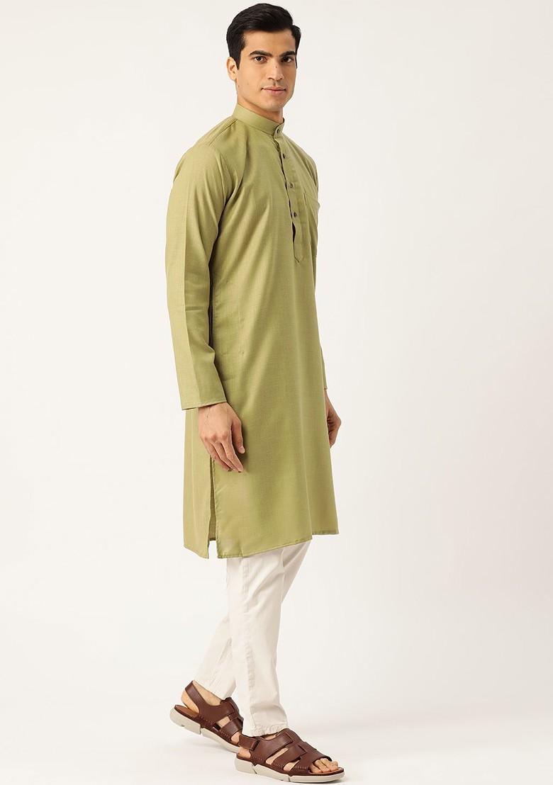 Olive Solid Poly Blend Kurta For Men