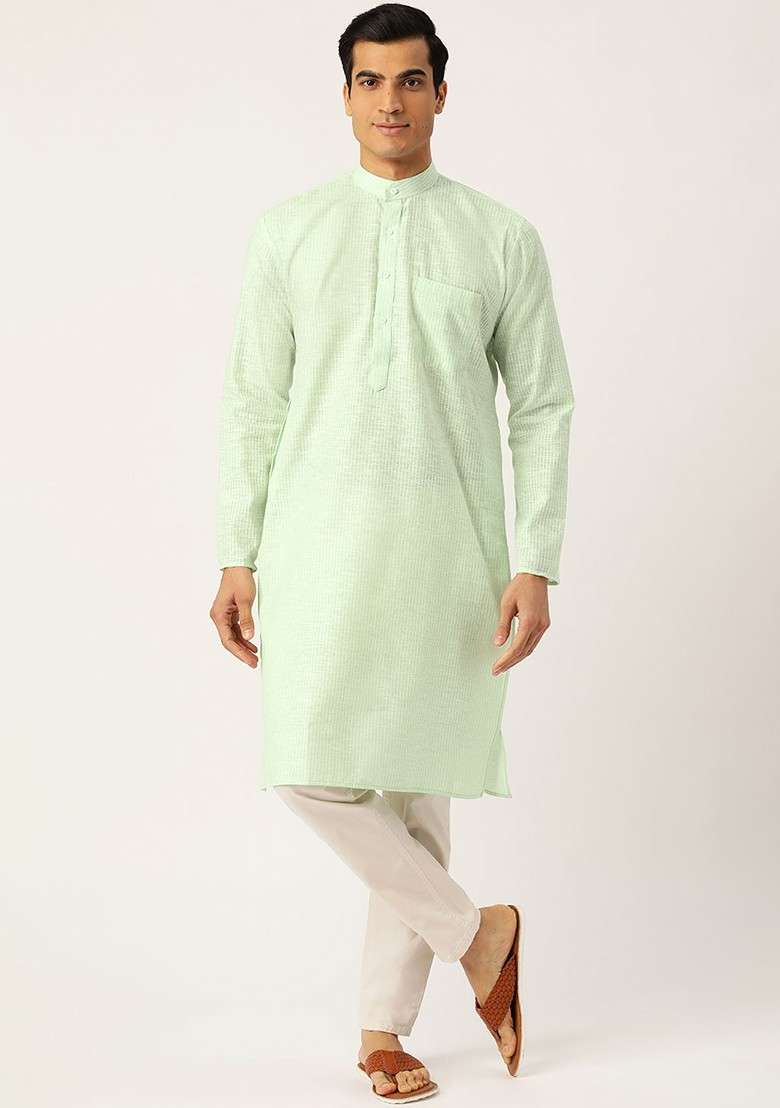Green Striped Poly Blend Kurta For Men - Indya