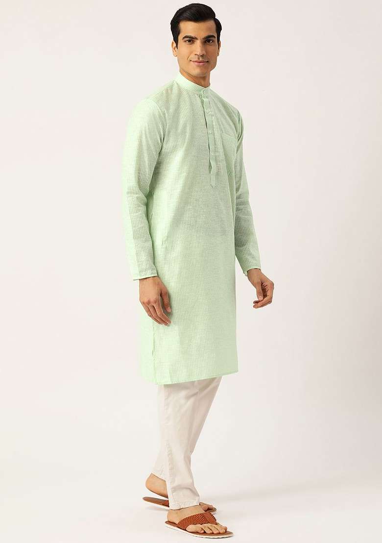 Green Striped Poly Blend Kurta For Men - Indya
