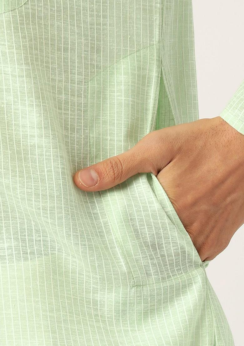 Green Striped Poly Blend Kurta For Men