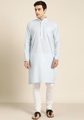 Blue Striped Poly Blend Kurta For Men