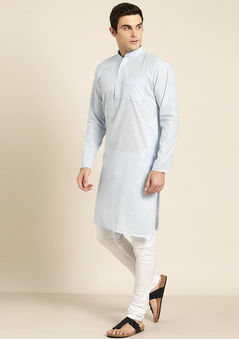 Blue Striped Poly Blend Kurta For Men