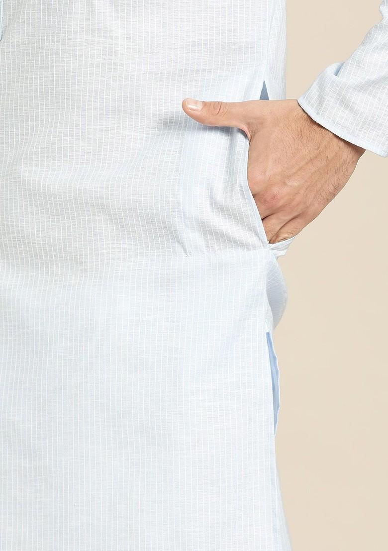 Blue Striped Poly Blend Kurta For Men