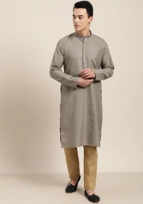 Grey Solid Poly Blend Kurta For Men