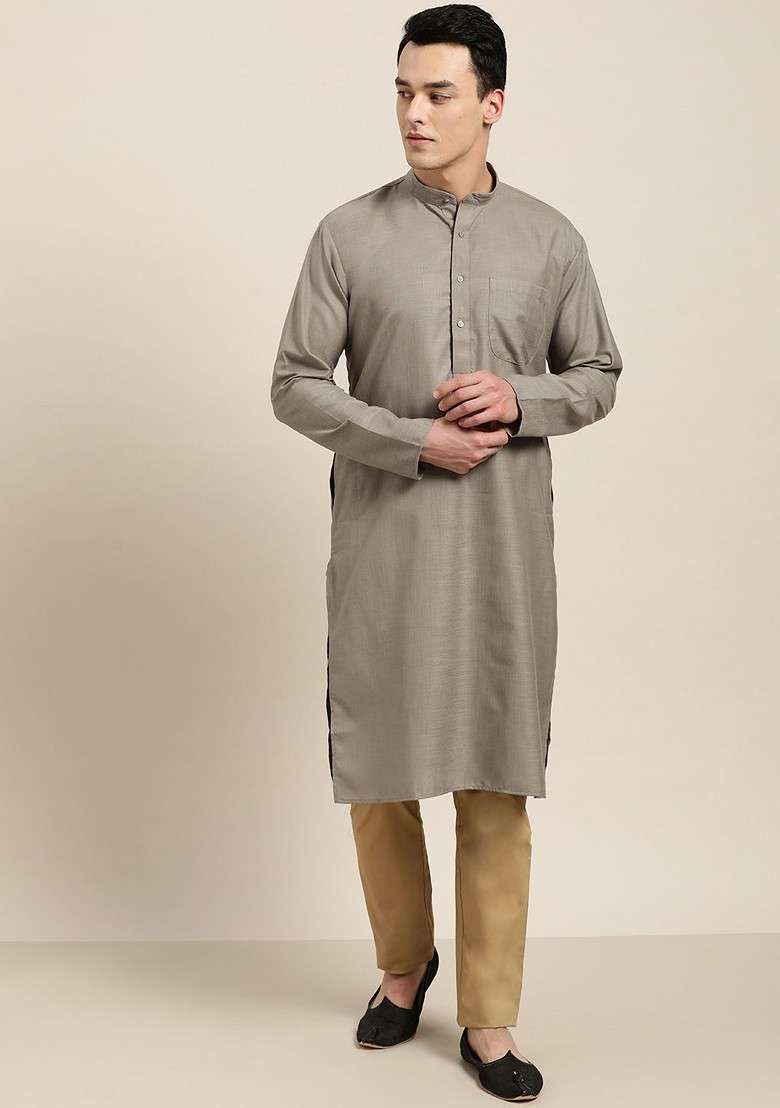 Grey Solid Poly Blend Kurta For Men - Indya