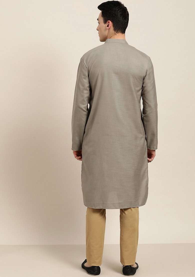 Grey Solid Poly Blend Kurta For Men - Indya