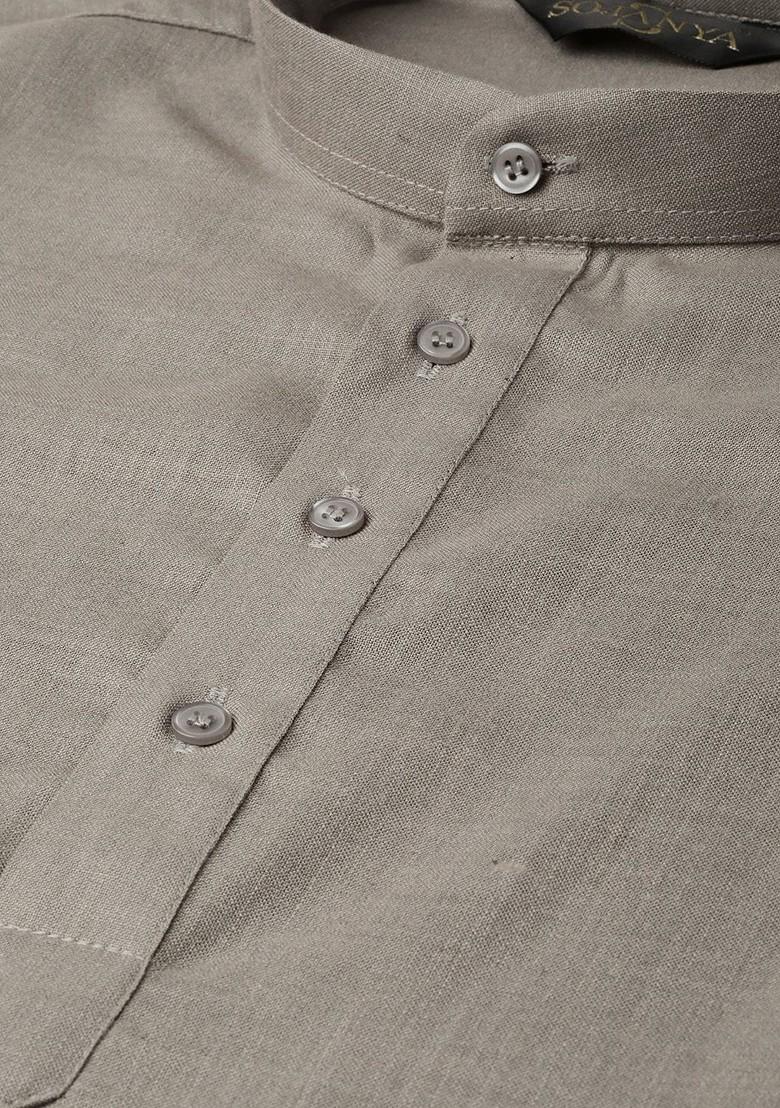 Grey Solid Poly Blend Kurta For Men