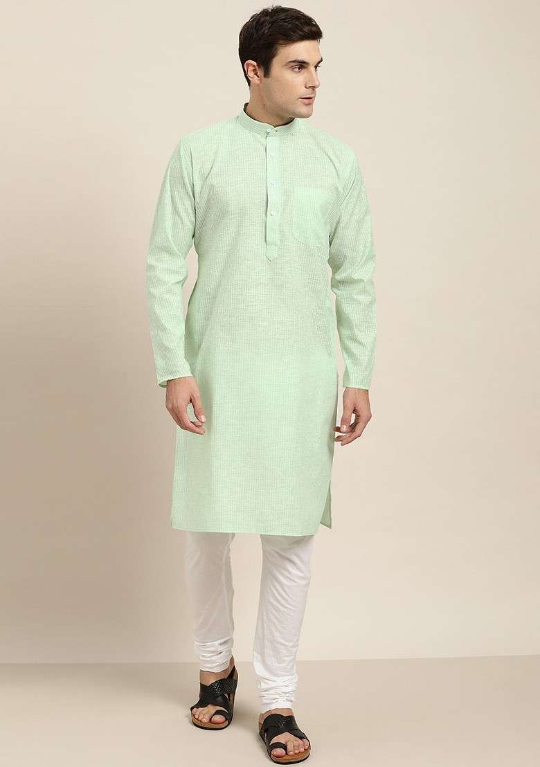 Sea Green Striped Poly Blend Kurta For Men - Indya
