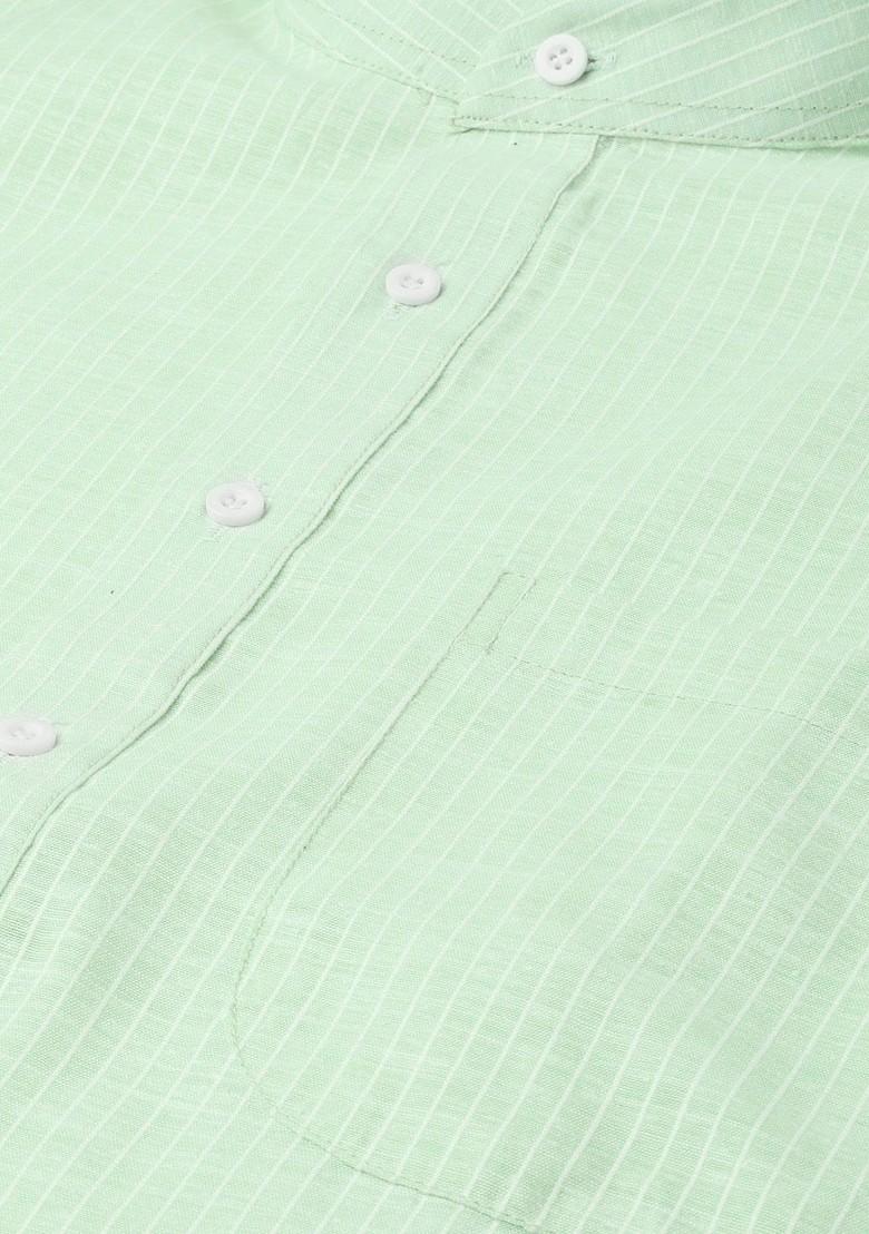 Sea Green Striped Poly Blend Kurta For Men