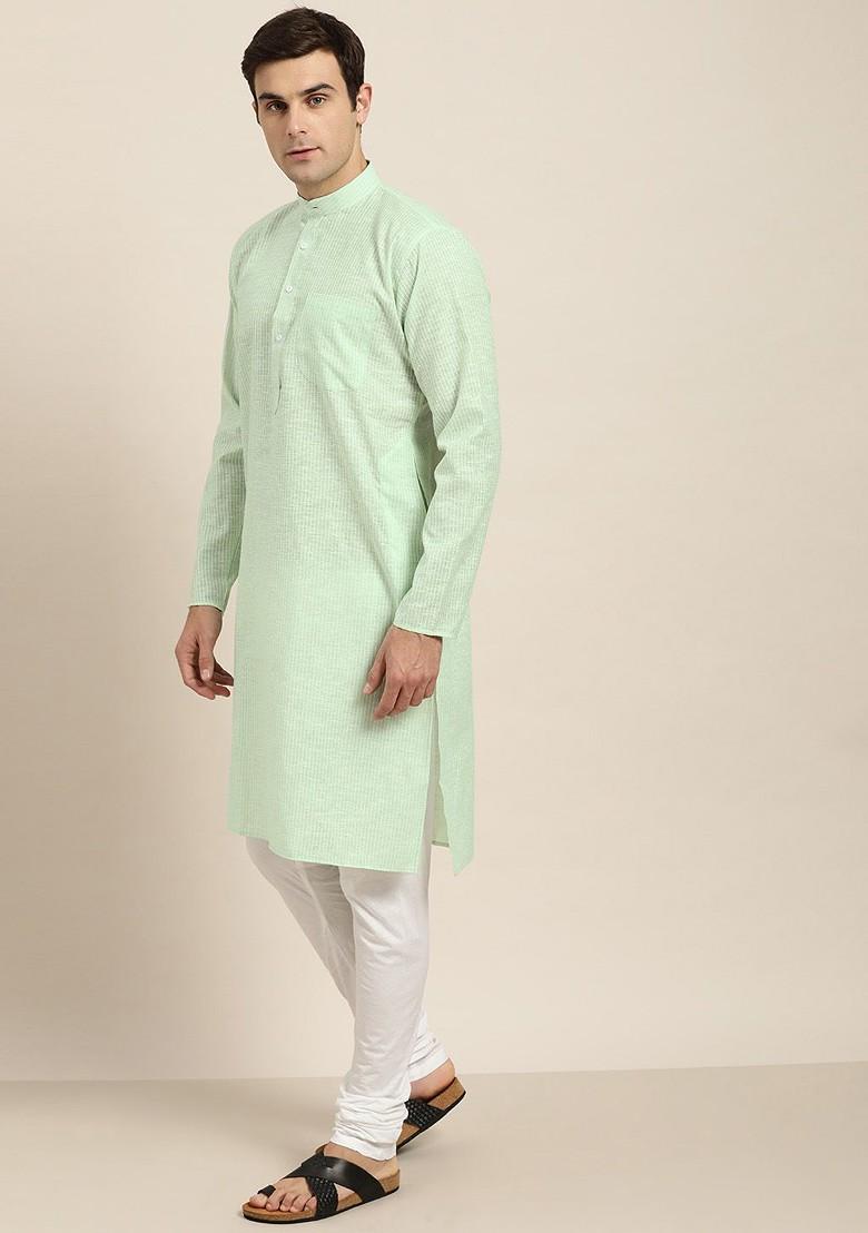 Sea Green Striped Poly Blend Kurta For Men