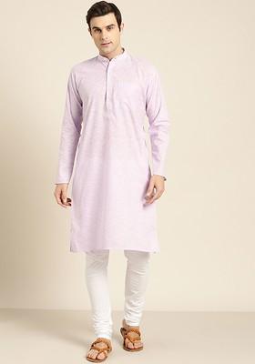 Lavender Striped Poly Blend Kurta For Men
