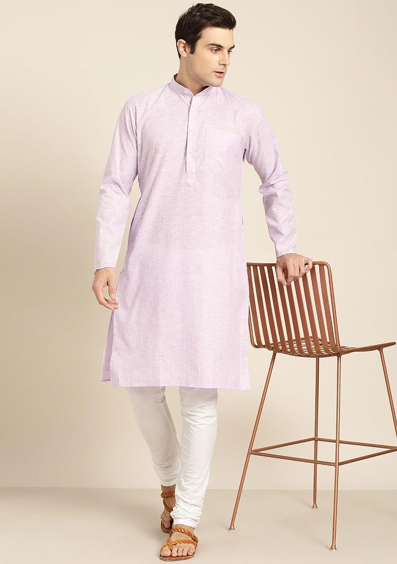 Lavender Striped Poly Blend Kurta For Men