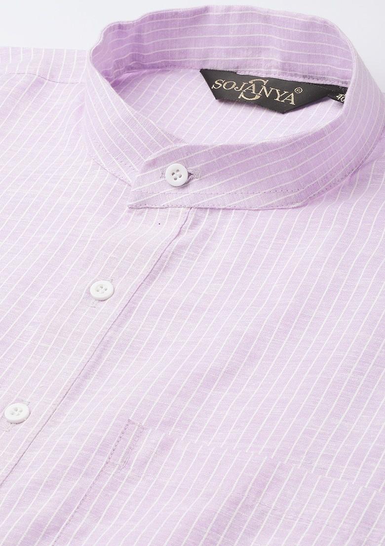 Lavender Striped Poly Blend Kurta For Men